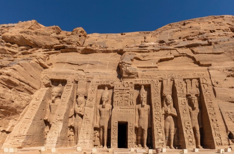 Abu Simbel temple facade at sunrise